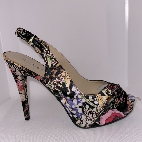 Guess Floral Animal Print Slingback Peep Toe Platform Heel Size 8.5M - EUC - Picture 8 of 11